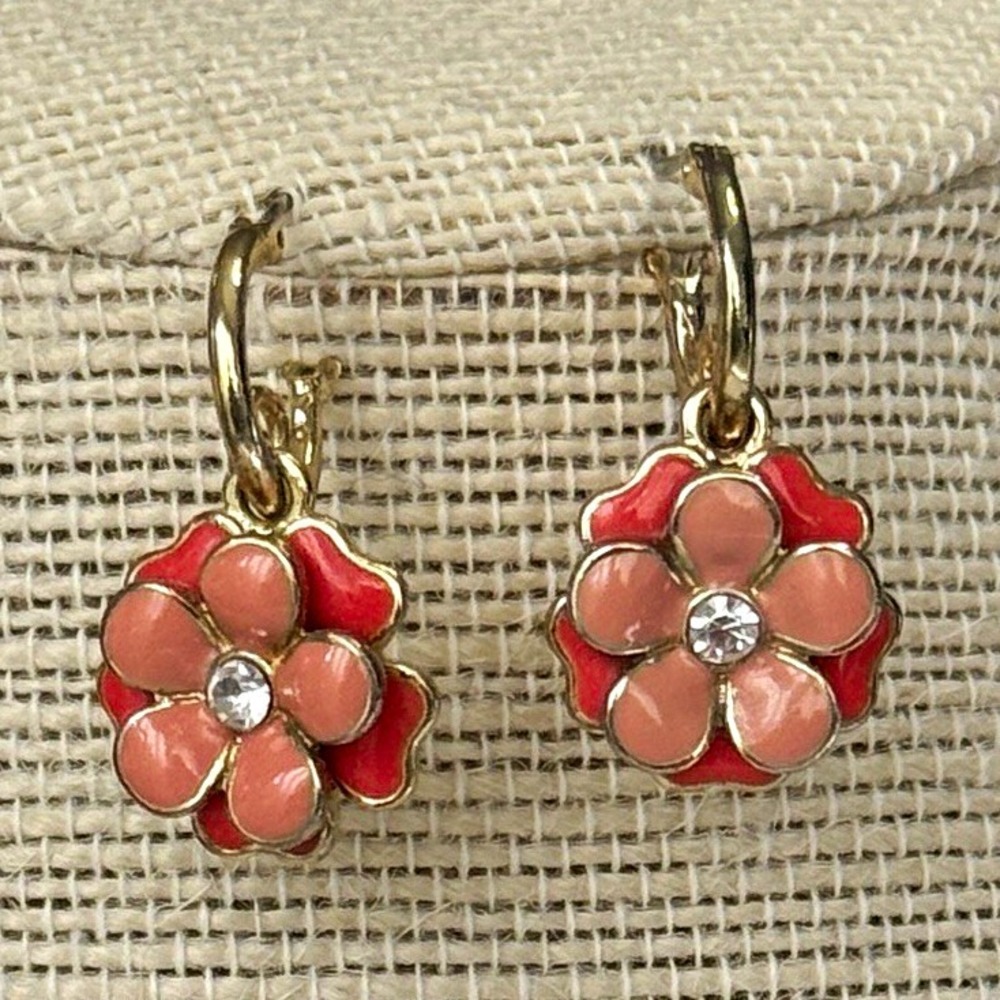 Napier Signed Pink Enamel Flower Dangle Hugger Hoop Earrings Clear Crystal